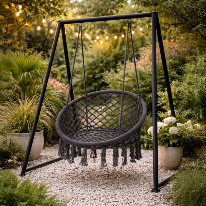 Fotel wiszący boho huśtawka ogrodowa bocianie gniazdo szary MultiGarden