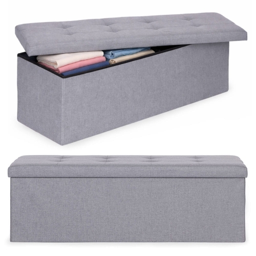 Pufa pikowana 111x38 cm ze schowkiem tapicerowana ława skrzynia jasnoszara ModernHome