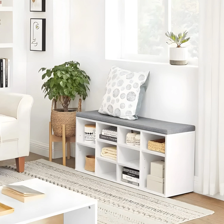 Szafka na buty z szarą poduszką 10 półek biała ModernHome