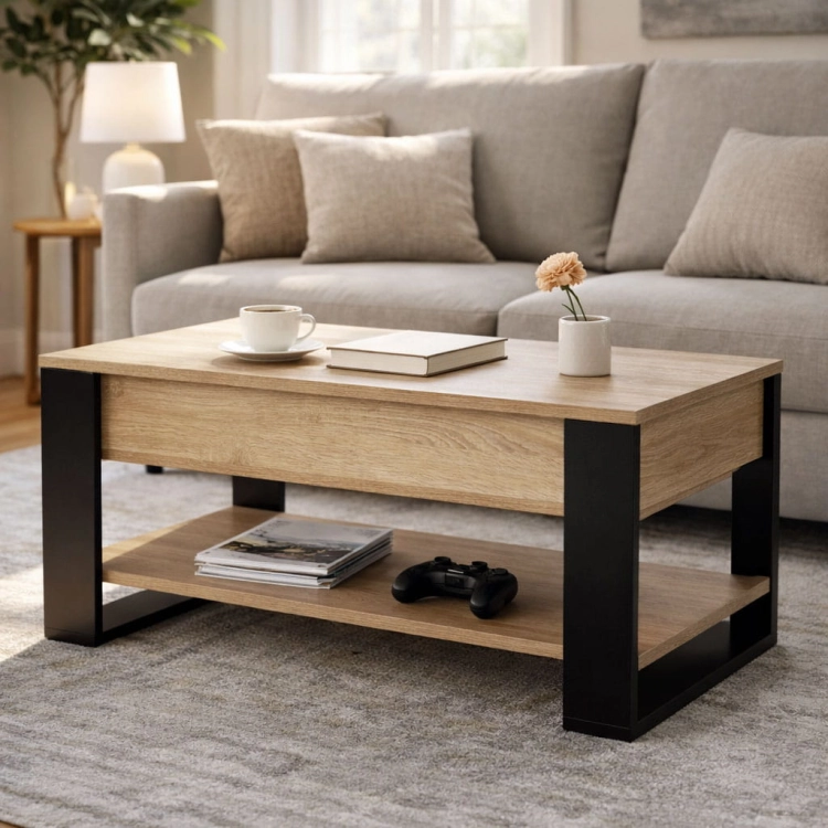 Stolik kawowy rozkładany blat podnoszony 90 cm schowek półka dąb sonoma ModernHome