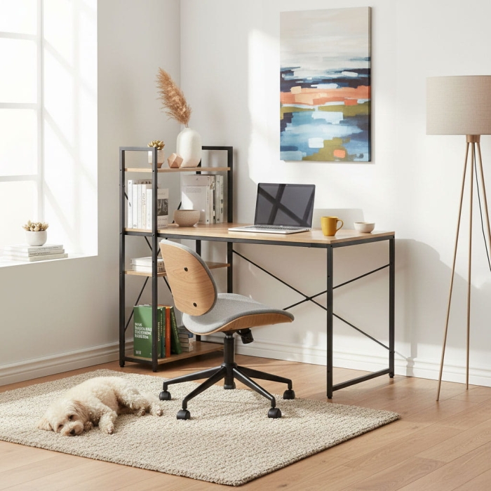 Biurko komputerowe szkolne 120x60 cm regał z 3 półkami loft jasny dąb ModernHome